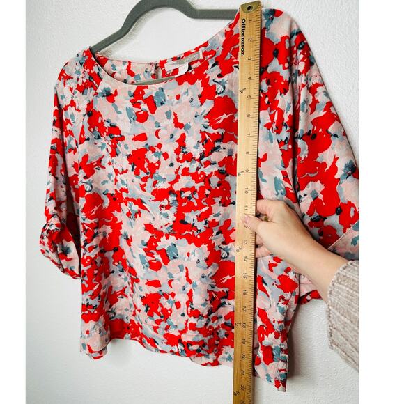 Cute Red Pink Blue Floral 3/4 Cuffed Sleeves Wide Round Neck Blouse Top L - Picture 9 of 10